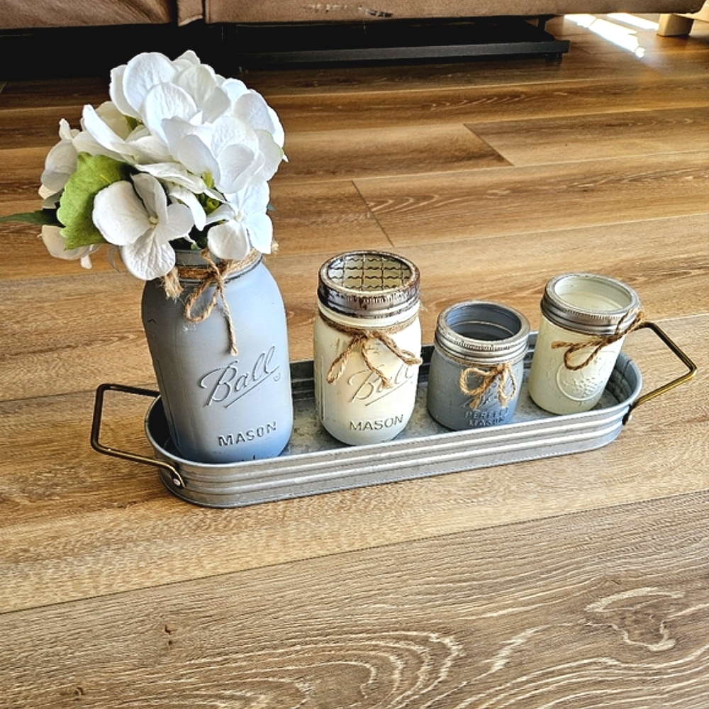 Home Decor: Bathroom Mason Jar Set With Tin Tray Organizer With Handles